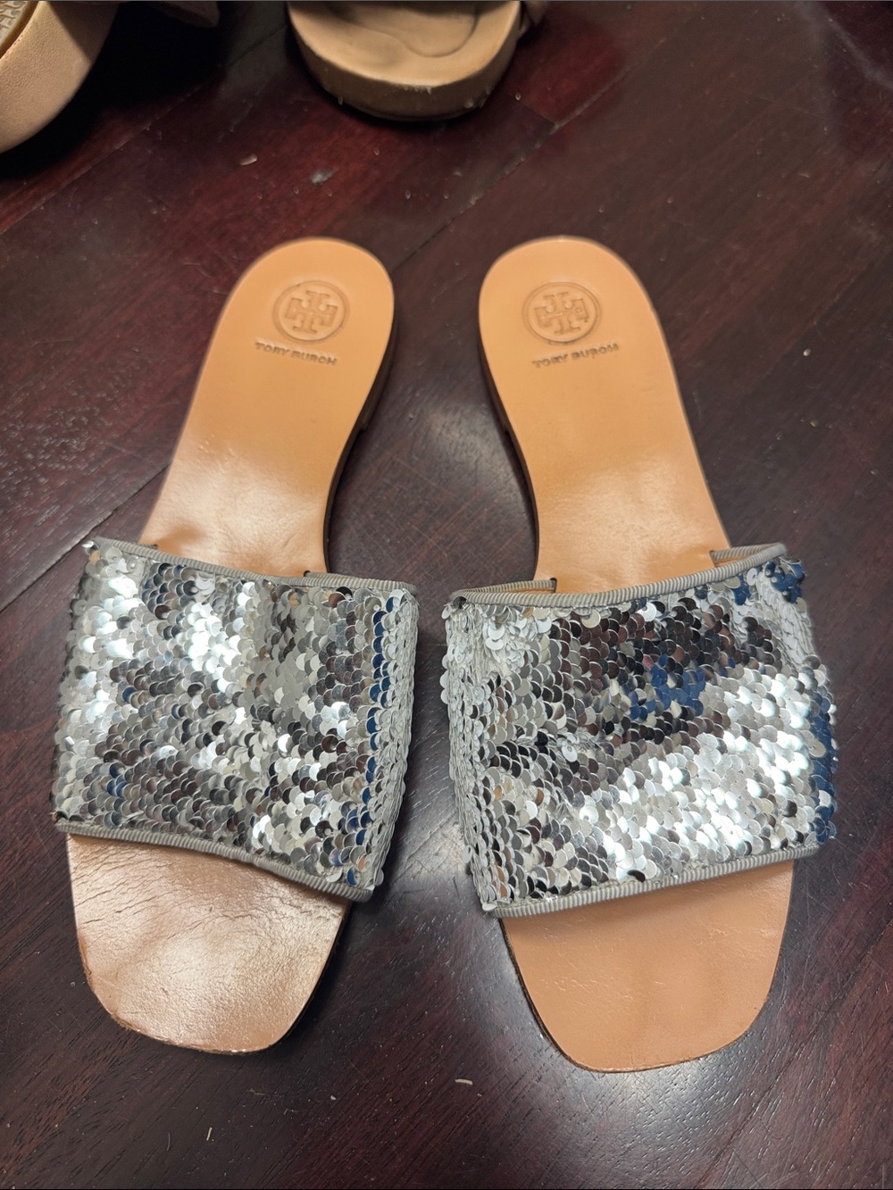 Tory Burch Silver Sequin Slide Mules with Tan Footbed